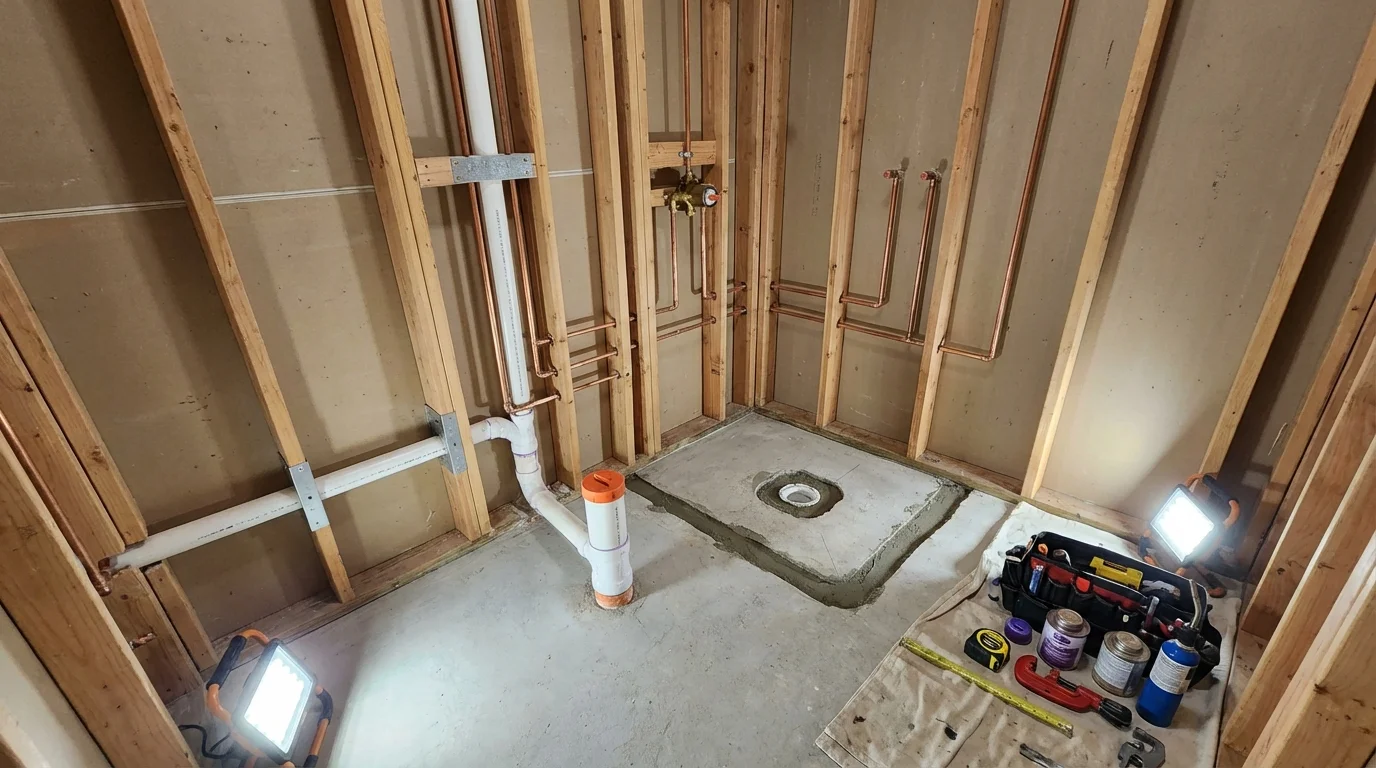 Bathroom rough-in plumbing during remodel by Johns Plumbing LLC in Homer