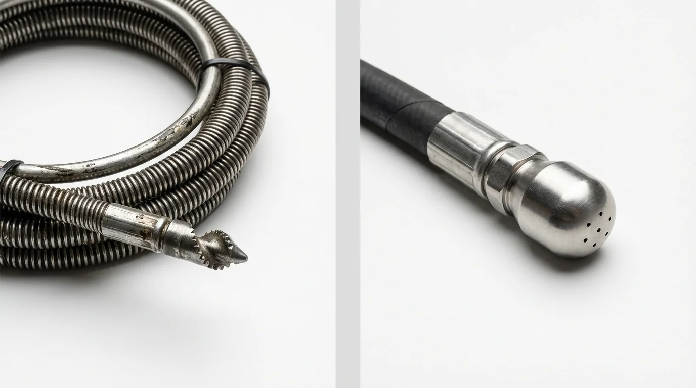 Drain snake cable and hydro jetting nozzle used for drain cleaning in Homer, NY