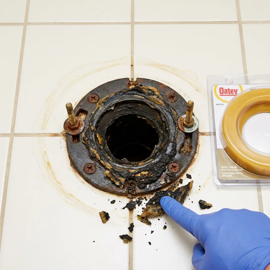 Failed wax ring showing water seepage at the base of a toilet in a Homer, NY home