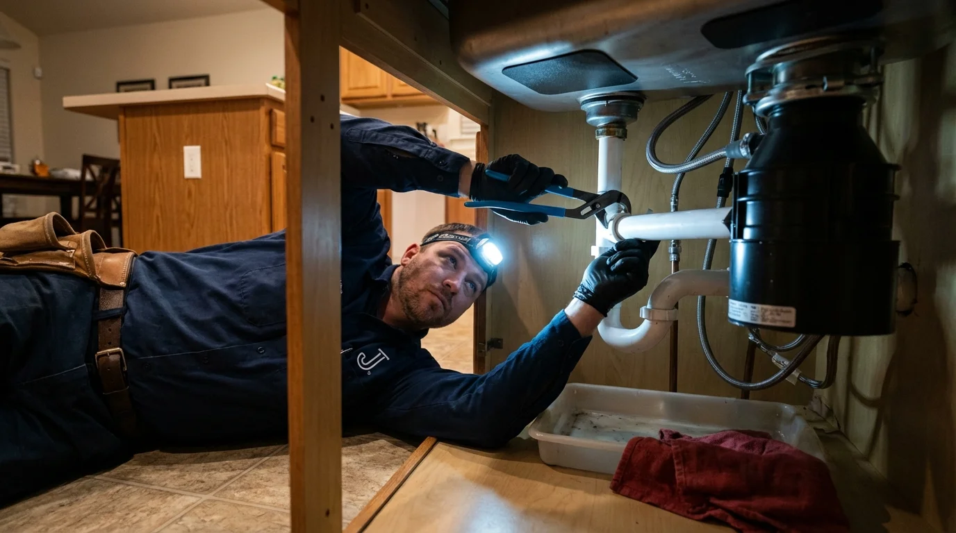 P-trap and supply line connections under a kitchen sink showing a common leak point in Homer, NY